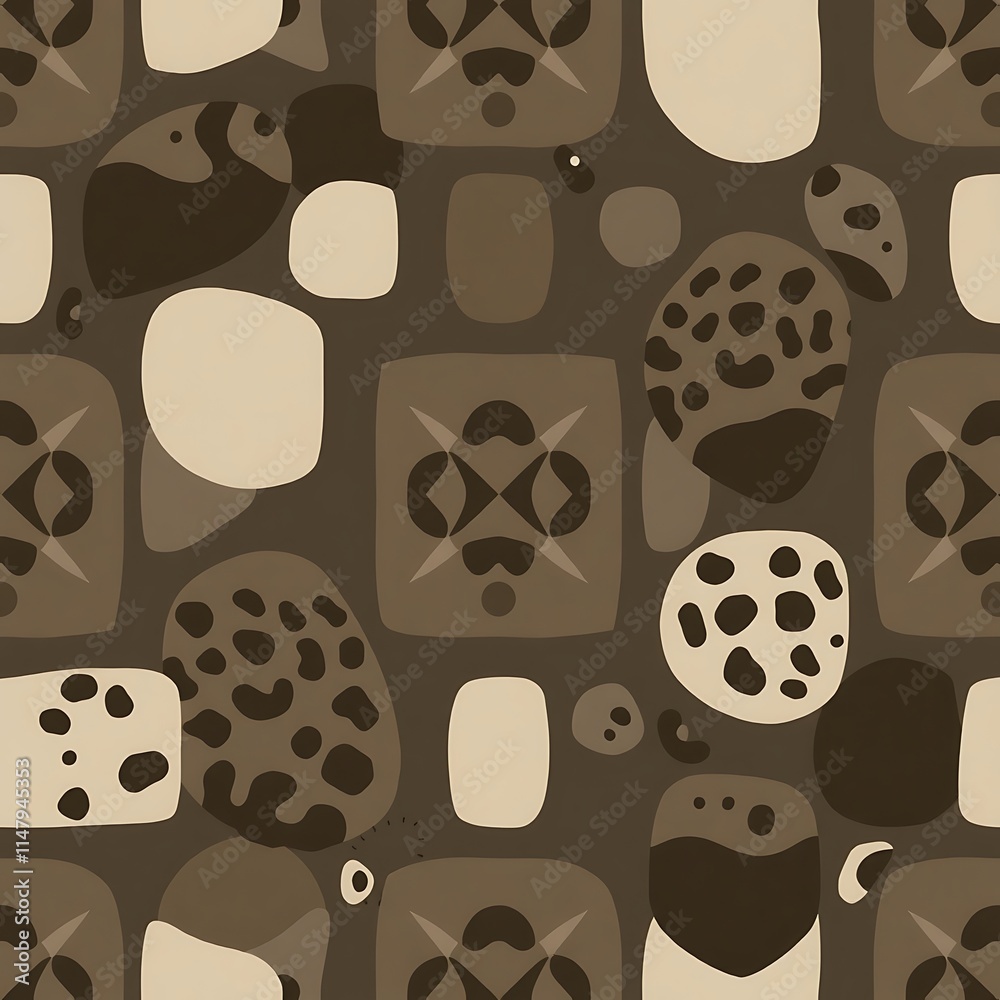 Fototapeta premium Abstract Organic Pattern: A seamless pattern of organic shapes in beige and brown hues, creating a modern and stylish design. Perfect for textile prints, wallpaper, and digital design projects. 