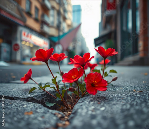 Urban setting from a low angle with small red flowers growing through a crack in the sidewalk with blurred street and buildings in the background