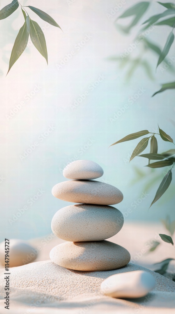 Tranquil harmony stacked stones on sand with gentle green accents Tranquil harmony stacked stones on sand with gentle green accents