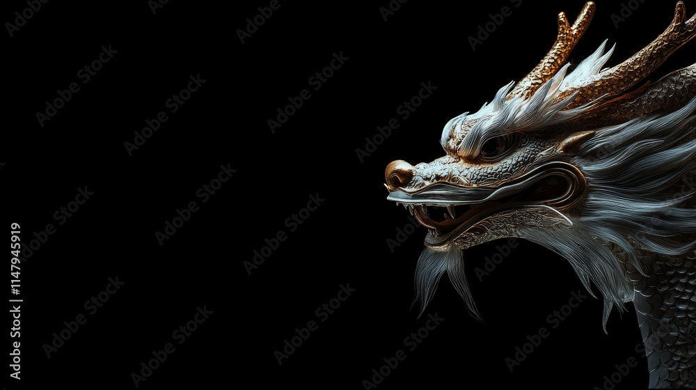 Abstract image of a Chinese dragon's head protruding from the side on a dark black background, expressing curiosity and simplicity (12 Zodiac Signs) Abstract image of a Chinese dragon's head protruding from the side on a dark black background, expressing curiosity and simplicity (12 Zodiac Signs)