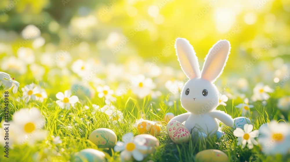 Fototapeta premium Little fluffy toy bunny on fairytale meadow with blooming flowers. Sunny morning fresh clear air. Idyllic spring scene, festive euphoria, holiday vibes. Background, wallpaper, backdrop, banner, poster