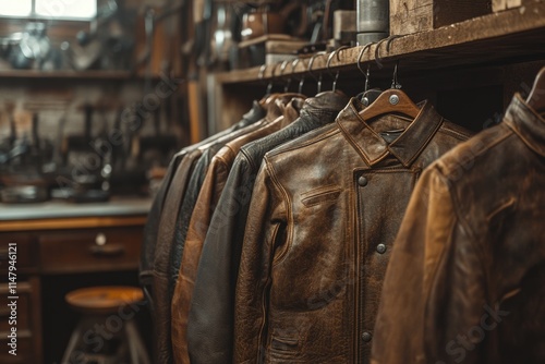 Wallpaper Mural A row of vintage brown leather jackets hangs in a rustic workshop, showcasing handcrafted quality and timeless style. Torontodigital.ca