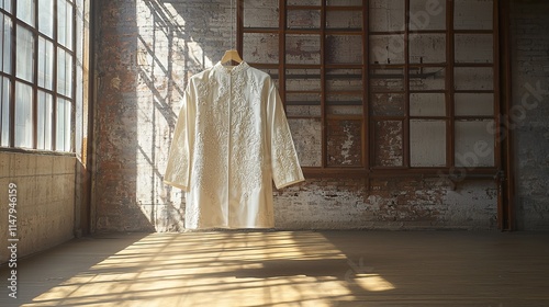 imagine prompt: industrial manufactured white shirt with detailed embroidery hanging i815d42b4-34ff-40f0-a8cc-4afe5a313f5b