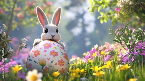 Fluffy bunny on fairytale meadow with beautiful Easter egg. Sunny morning, fresh clear air. Idyllic spring scene, festive euphoria, holiday vibes. Background, wallpaper, backdrop, banner, poster photo