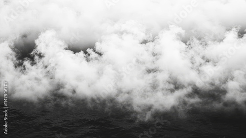 Smoke clouds above black water surface. Vector realistic illustration of white fog, steam, mist over spooky sea waves, dark river splashing in scary smog, mysterious Halloween atmosphere, horror night