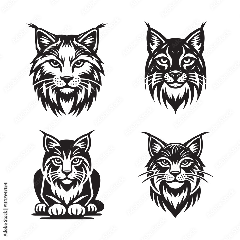 Fototapeta premium 4 Set of Black Bobcat Face Silhouettes Isolated on White Background