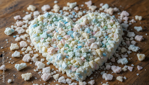 Colorful heart-shaped candy made of sweet marshmallows on a rustic wooden surface
