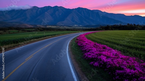 Scenic road curving through vibrant purple flowers alongside green fields, majestic mountains at sunset.