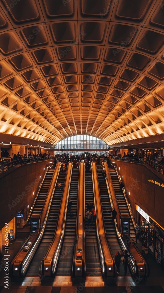 Obraz premium Soft focus of crowded city metro station with escalators