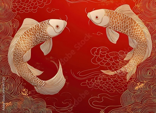 Two elegant koi fish swimming amidst ornate golden waves on a red background.