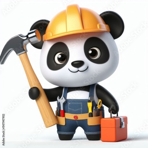 Cute Panda Handyman Holding Hammer Cartoon 3d  Generative AI
 photo