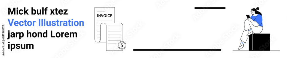 Woman sits on a box reading mobile device near invoice document and money symbol. Ideal for financial planning, mobile banking, remote work, productivity, business management, online studies. Landing Woman sits on a box reading mobile device near invoice document and money symbol. Ideal for financial planning, mobile banking, remote work, productivity, business management, online studies. Landing