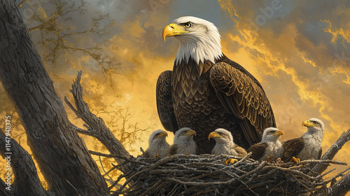 Majestic bald eagle protecting her eaglet chicks in nest