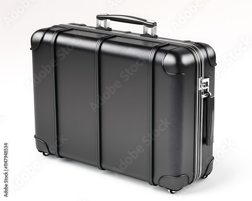 Classic black suitcase with modern features, isolated on a white backdrop, high-resolution 3D rendering with clean studio lighting. photo