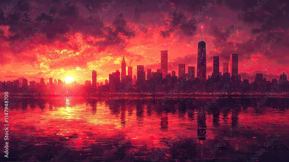 A vibrant sunset over a city skyline reflected in water, creating a serene atmosphere. A vibrant sunset over a city skyline reflected in water, creating a serene atmosphere.