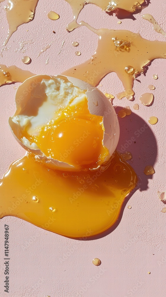Cracked egg on pastel pink surface for text overlays Cracked egg on pastel pink surface for text overlays