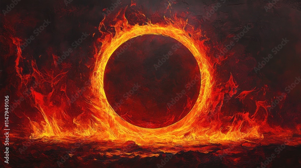 Fototapeta premium Fiery ring of fire in dark background.