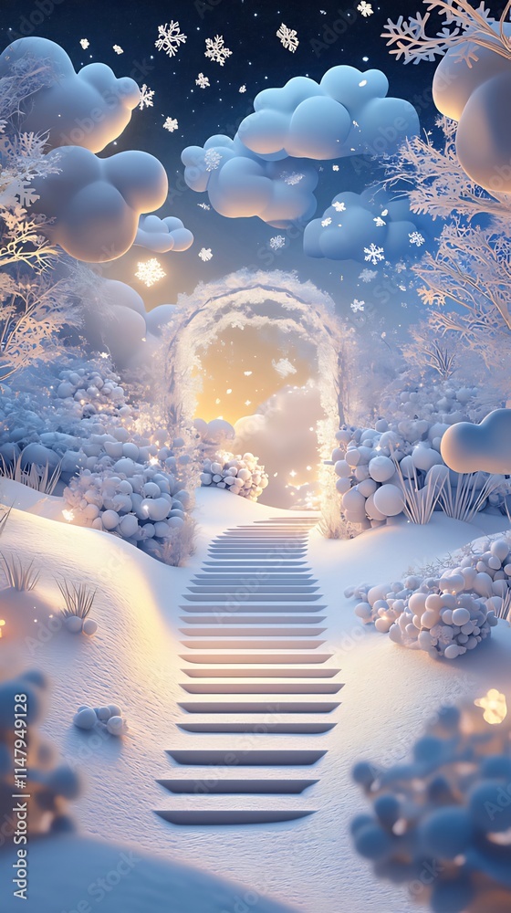 Magical winter scene with snow-covered stairs leading to an arched gateway under a starry night sky.