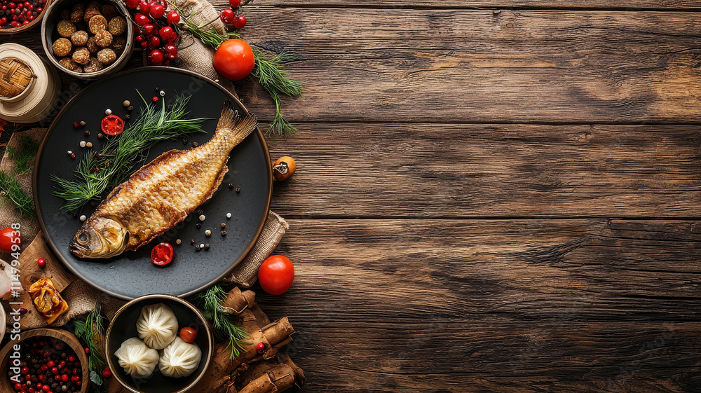 plate of crispy fried fish surrounded by fresh herbs, vegetables, and snacks creates delightful feast plate of crispy fried fish surrounded by fresh herbs, vegetables, and snacks creates delightful feast