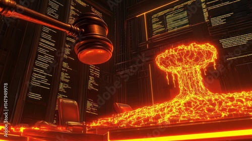 Gavel and nuclear explosion in courtroom.
