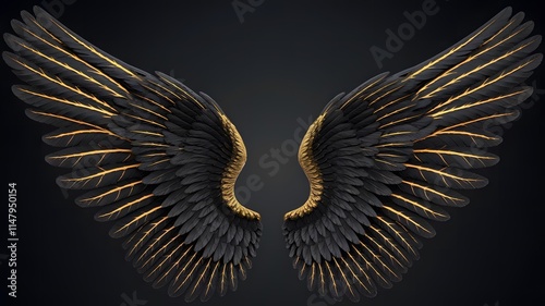 A stunning pair of black and gold angel wings set against a black background
