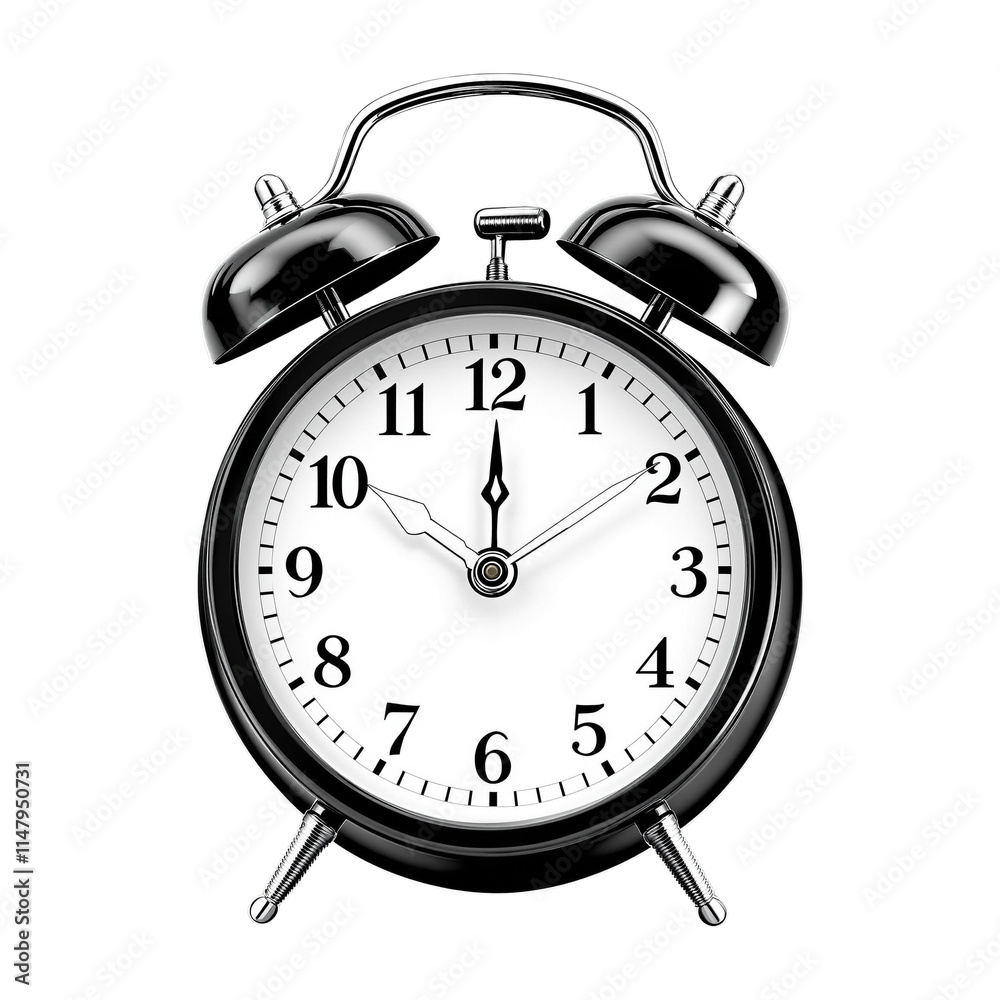 A black and white alarm clock with the time isolated on transparent background, PNG file, old alarm clock A black and white alarm clock with the time isolated on transparent background, PNG file, old alarm clock