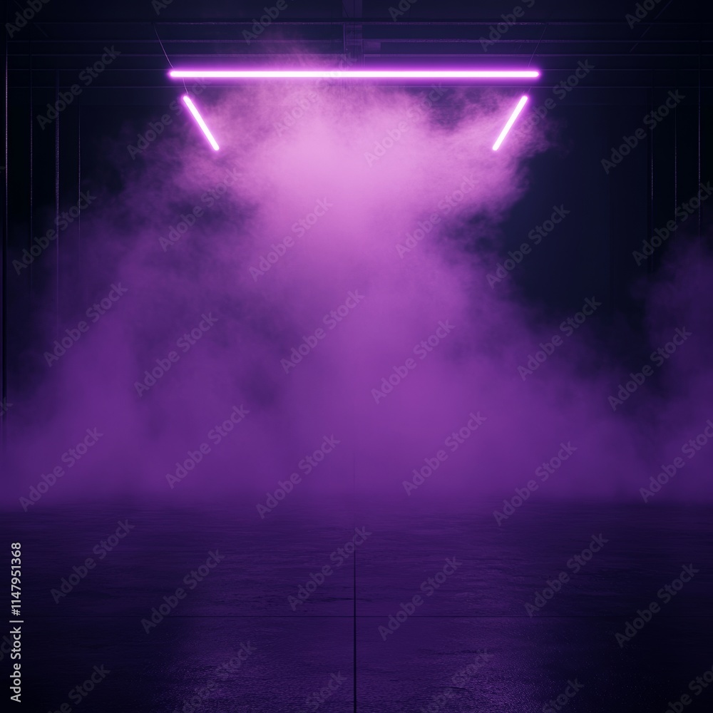 Obraz premium Vibrant Purple Fog Fills an Empty Space Illuminated by Glowing Neon Lights During a Nighttime Event