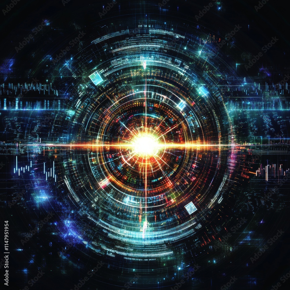 Bright Light Surrounded by Glowing Digital Patterns in a Futuristic Design Representing Energy and Data at an Abstract Level Bright Light Surrounded by Glowing Digital Patterns in a Futuristic Design Representing Energy and Data at an Abstract Level