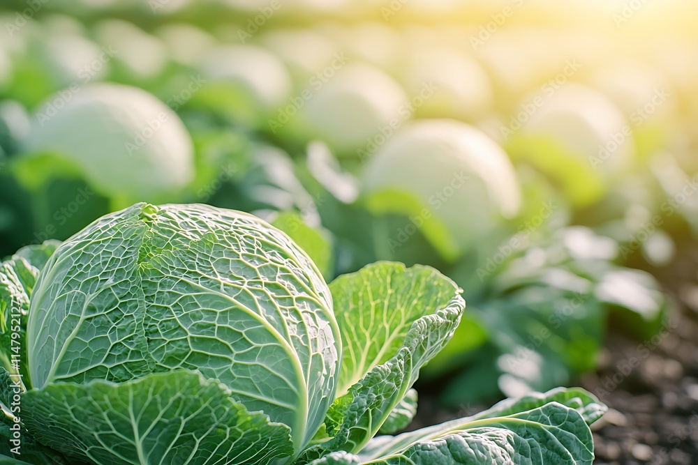 Fototapeta premium Fresh cabbage in harvest field. Cabbage are growing in garden. Organic vegetable background in freshness atmosphere farm on mountain with mist in morning.