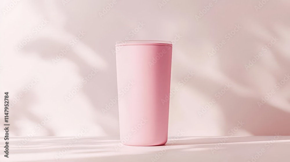 A minimalist, pastel pink cup stands against a soft, neutral background, casting subtle shadows that enhance its elegant design. A minimalist, pastel pink cup stands against a soft, neutral background, casting subtle shadows that enhance its elegant design.