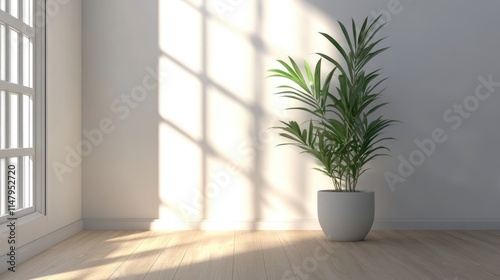 Modern interior mockup template. Light empty space with white wall, wooden floor and green potted plant. Sun rays entering into empty room from the window