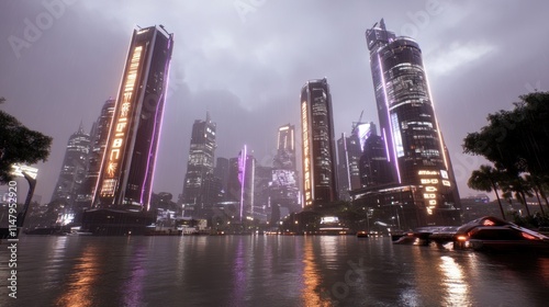 Futuristic city skyline at night, reflecting on water.