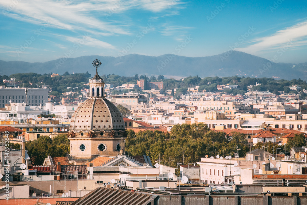 Obraz premium Rome, Italy. Cupola Of San Gioacchino Ai Prati Castello Church And Cityscape Of Town