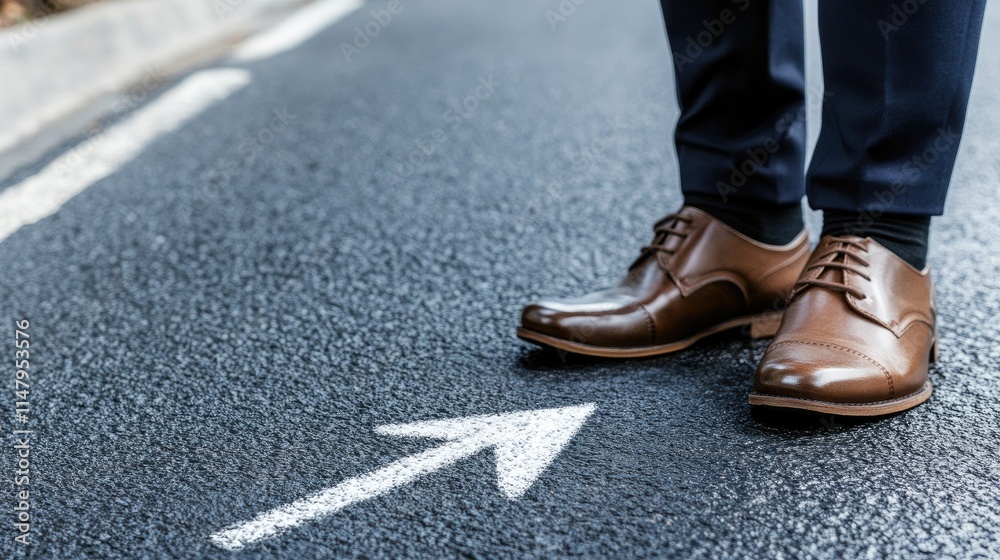 Feet in stylish tan sneakers positioned on pavement with a clear white arrow painted ahead, suggesting movement forward in an urban setting during daylight Feet in stylish tan sneakers positioned on pavement with a clear white arrow painted ahead, suggesting movement forward in an urban setting during daylight