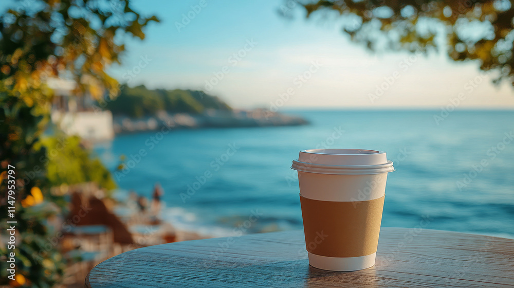 A takeaway coffee cup sits on a wooden table overlooking a tranquil ocean. The view is serene and peaceful, perfect for a relaxing morning. A takeaway coffee cup sits on a wooden table overlooking a tranquil ocean. The view is serene and peaceful, perfect for a relaxing morning.