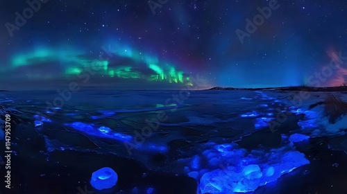 Wallpaper Mural Night sky panorama with aurora borealis reflected in icy lake, bioluminescent ice. Torontodigital.ca