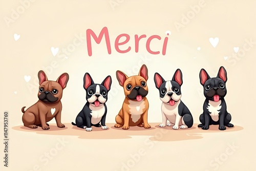 Cute Cartoon French Bulldogs with French Thank You Message on Beige Background