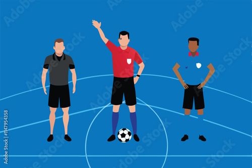 Create an infographic illustrating the roles and responsibilities of a match day referee team in soccer/football, including assistant referees, fourth official, and VAR.