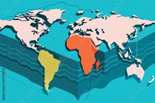 Render a detailed illustration of oceanic tectonic plates colliding underwater, showcasing subduction and the formation of a trench.  Include magma plumes and hydrothermal vents.