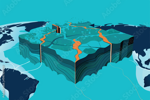 Illustrate the dynamic underwater process of oceanic tectonic plate movement, showcasing subduction and ridge formation.  Detail the geological features.