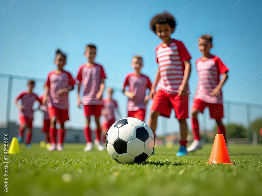 Youth Soccer Team Practicing on Grass Field Youth Soccer Team Practicing on Grass Field