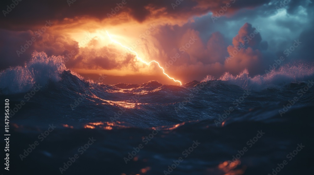 Fototapeta premium Dramatic ocean storm with lightning striking waves at sunset.