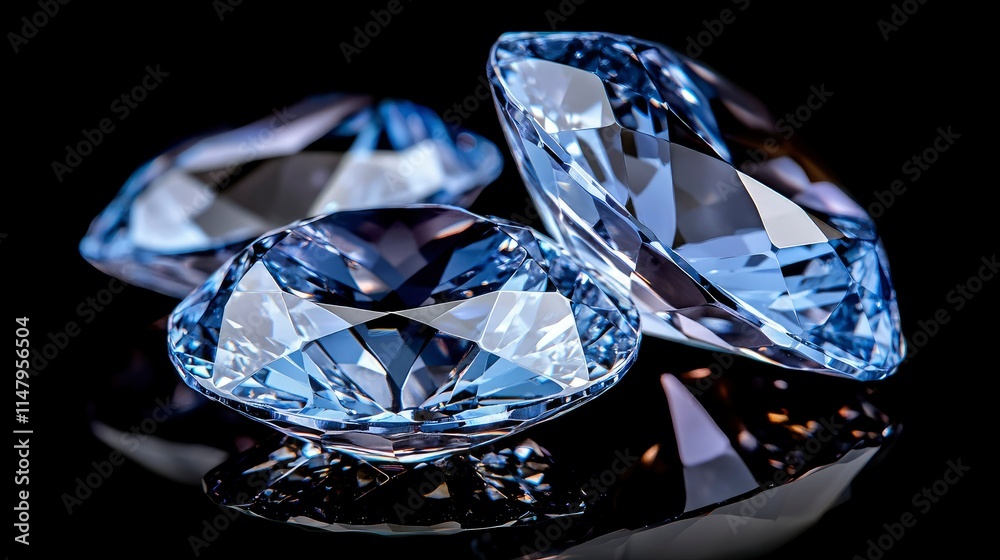 Luminous Blue Diamonds Close-up of Sparkling Gemstones on Black Reflective Surface
