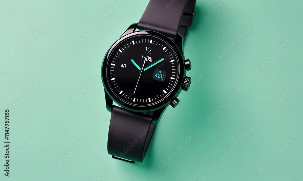 A sleek black smartwatch displayed on a mint green background, showcasing its digital interface. A sleek black smartwatch displayed on a mint green background, showcasing its digital interface.