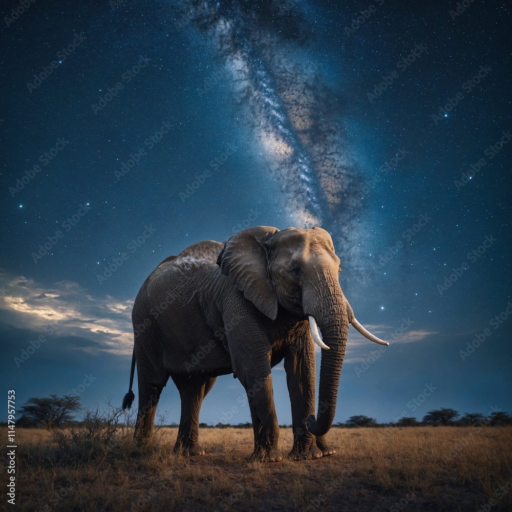 Fototapeta premium A majestic elephant under a glowing blue and white sky filled with stars.
