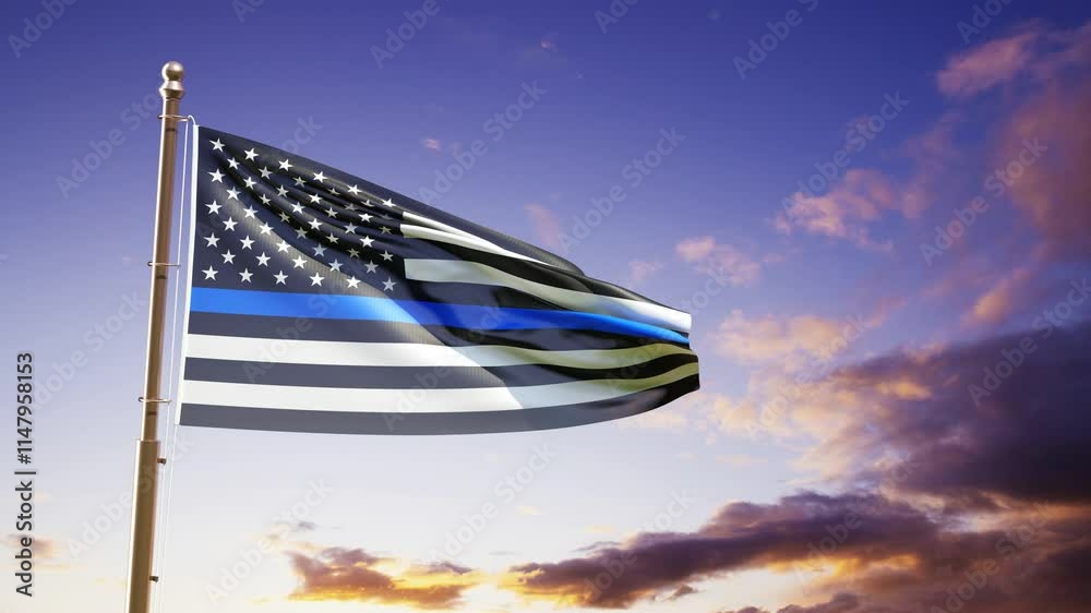 USA flag with Thin Blue Line waving in the wind on a flagpole against the sunset. National Law Enforcement Day concept. 30fps
