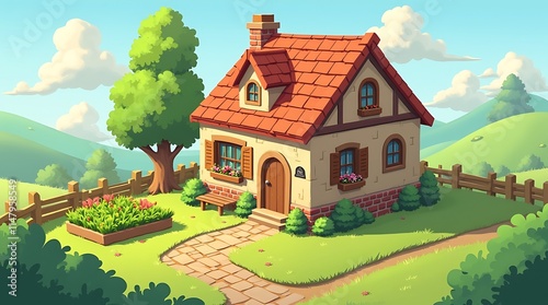 Charming cartoon house nestled in a picturesque rural landscape, Generative AI