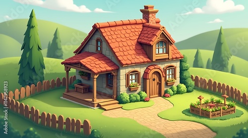Charming cartoon house nestled in a picturesque rural landscape, Generative AI