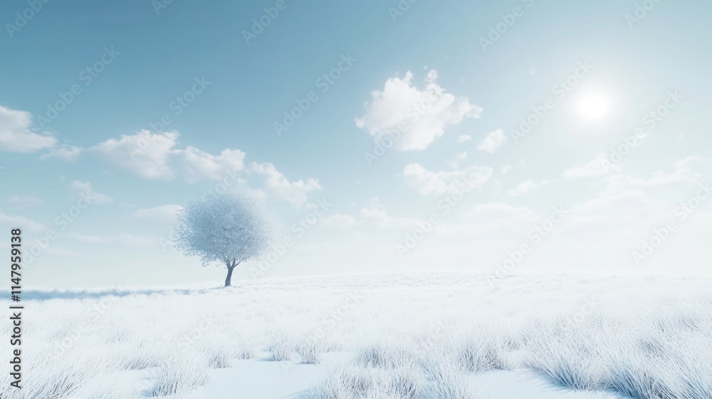 Solitary Winter Tree in Snowy Field Under Blue Sky Solitary Winter Tree in Snowy Field Under Blue Sky