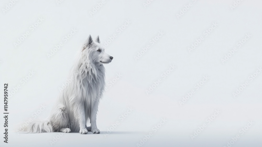 Obraz premium Majestic White Dog Sitting Gracefully on Soft White Background